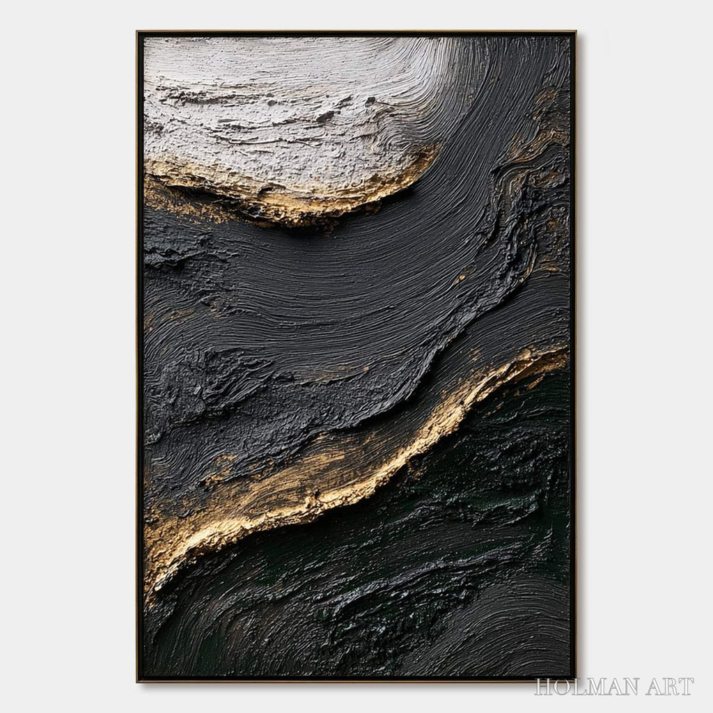 HOLMAN ART Kintsugi River – Wabi Sabi Textured Abstract Art in Black, White, and Gold - image 1