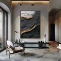 HOLMAN ART Kintsugi River – Wabi Sabi Textured Abstract Art in Black, White, and Gold - image 2