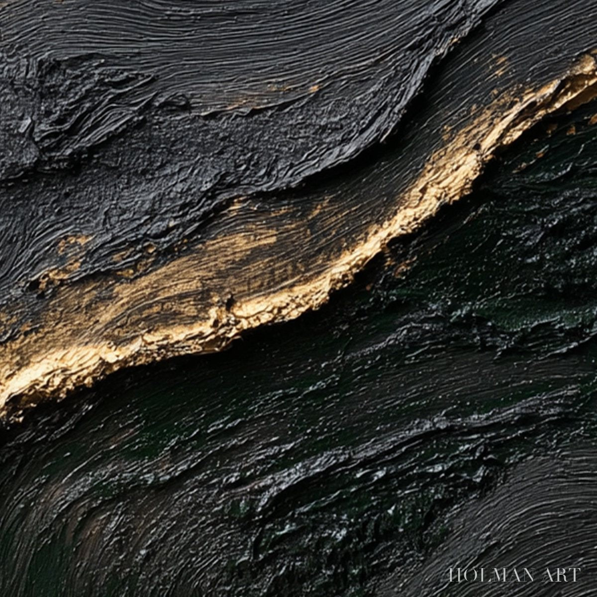 HOLMAN ART Kintsugi River – Wabi Sabi Textured Abstract Art in Black, White, and Gold - image 3