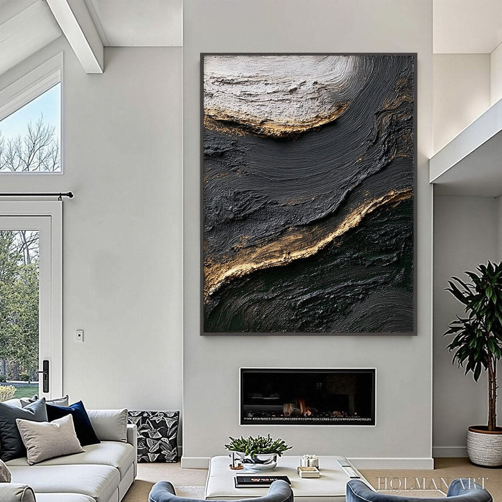 HOLMAN ART Kintsugi River – Wabi Sabi Textured Abstract Art in Black, White, and Gold - image 4