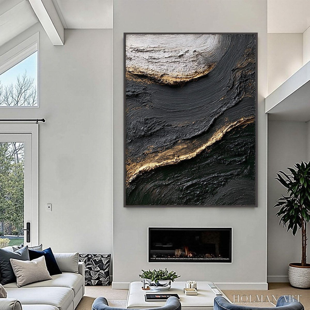 HOLMAN ART Kintsugi River – Wabi Sabi Textured Abstract Art in Black, White, and Gold - image 4