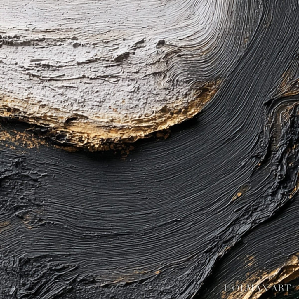 HOLMAN ART Kintsugi River – Wabi Sabi Textured Abstract Art in Black, White, and Gold - image 5
