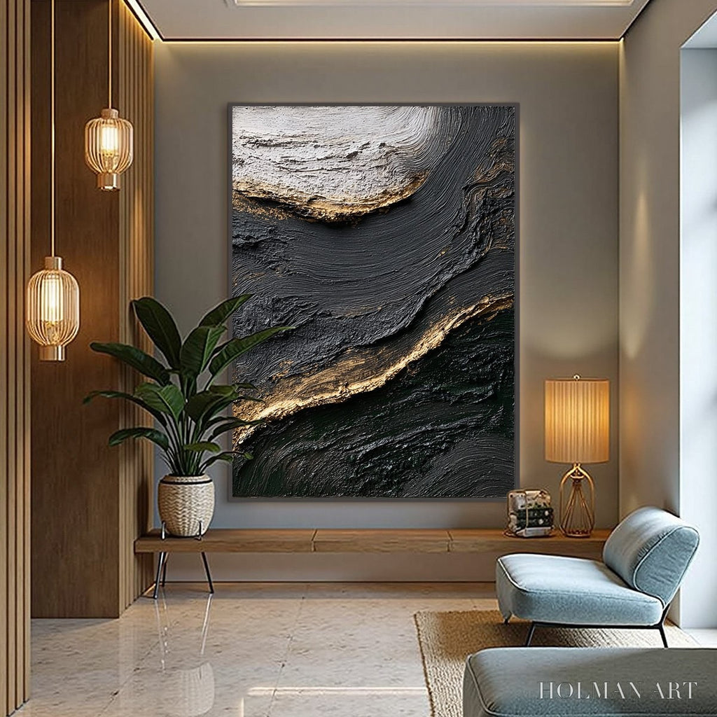 HOLMAN ART Kintsugi River – Wabi Sabi Textured Abstract Art in Black, White, and Gold - image 6