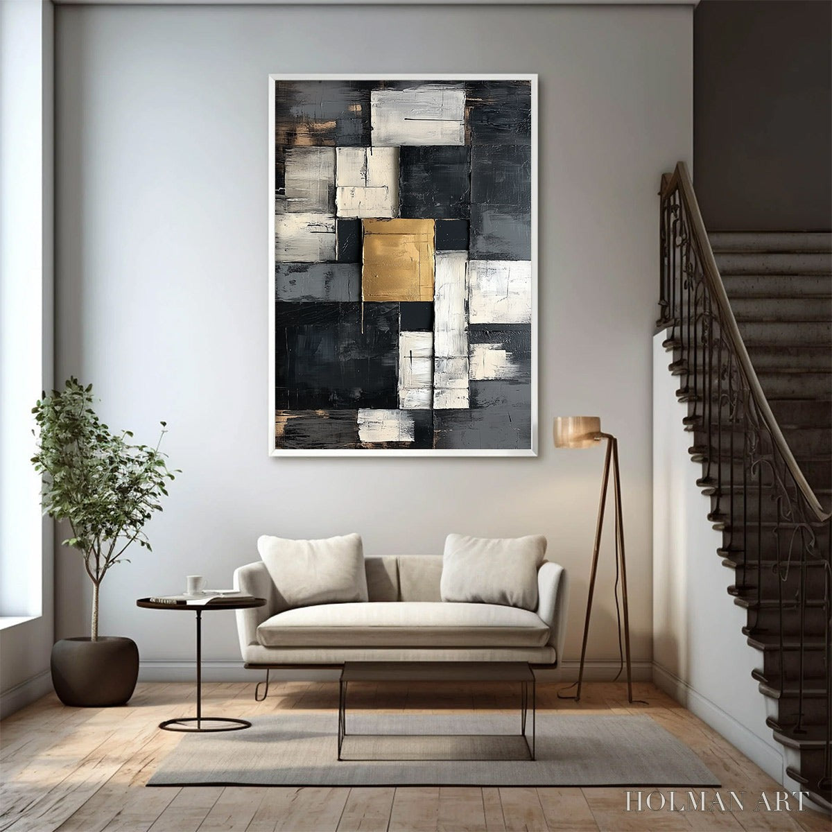 HOLMAN ART Golden Intersection – Textured Abstract Geometric Oil Painting - image 3
