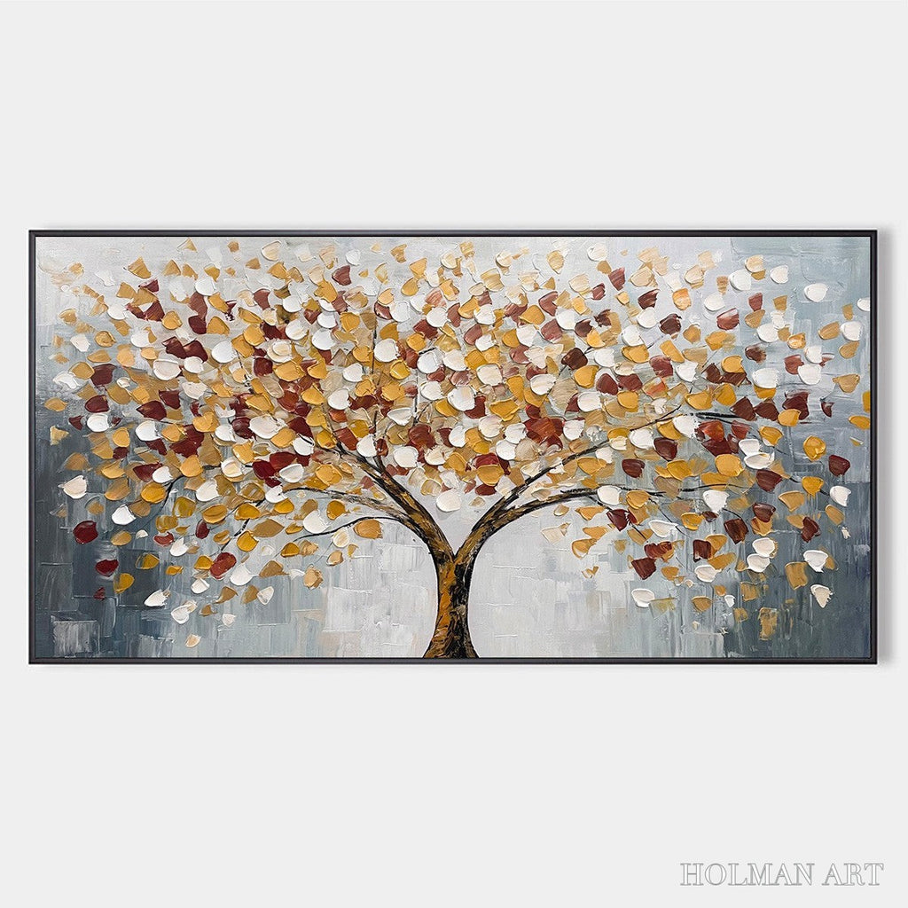 HOLMAN ART Whispers of Autumn – Textured Tree of Life Oil Painting in Gold and Burgundy - image 1