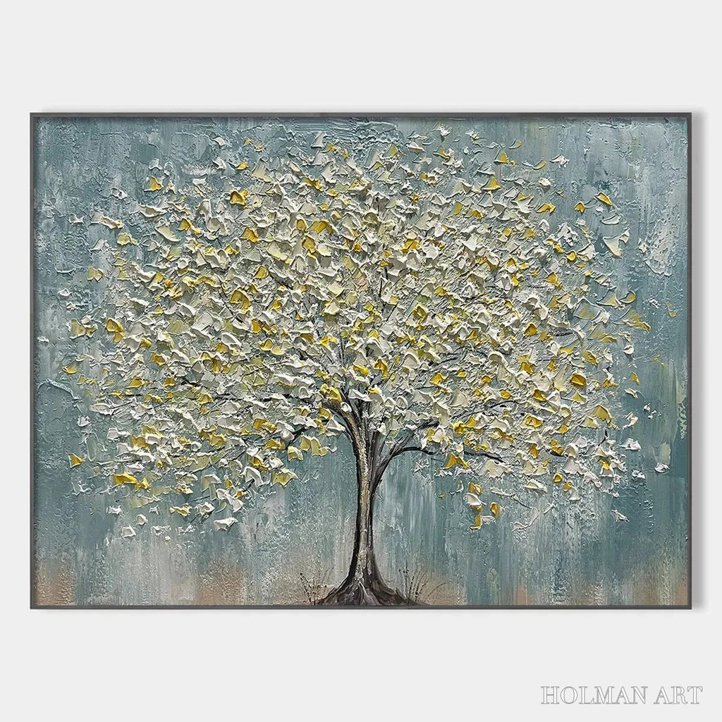 HOLMAN ART Golden Bloom – Textured Impasto Tree Painting in White and Gold - image 1