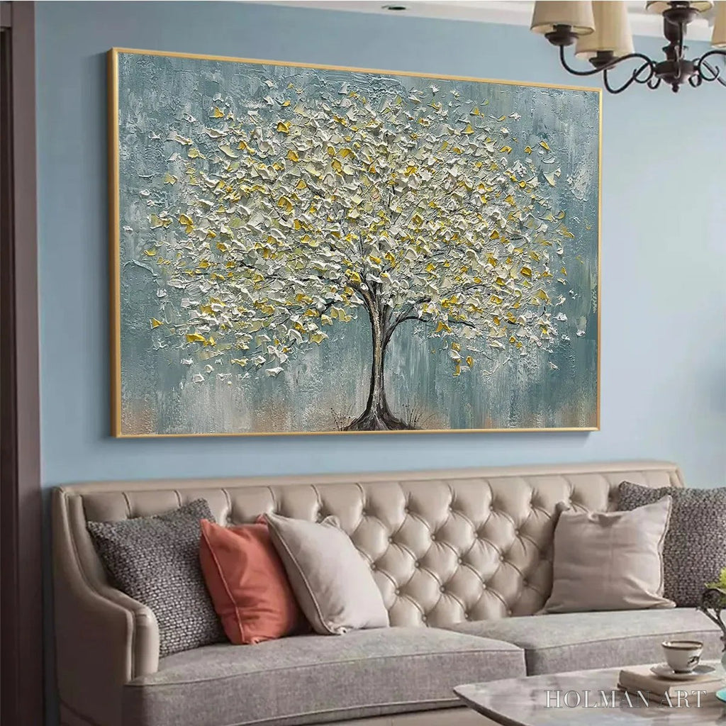 HOLMAN ART Golden Bloom – Textured Impasto Tree Painting in White and Gold - image 4