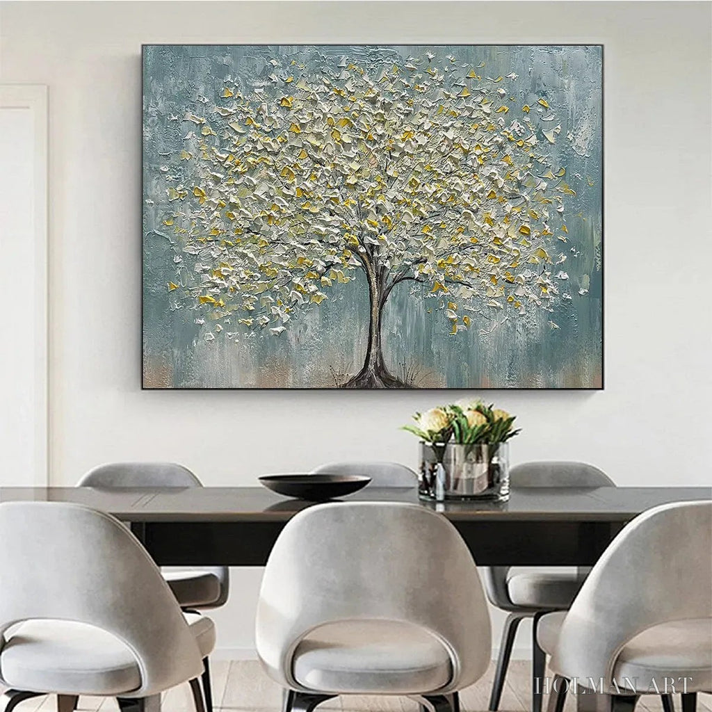 HOLMAN ART Golden Bloom – Textured Impasto Tree Painting in White and Gold - image 6