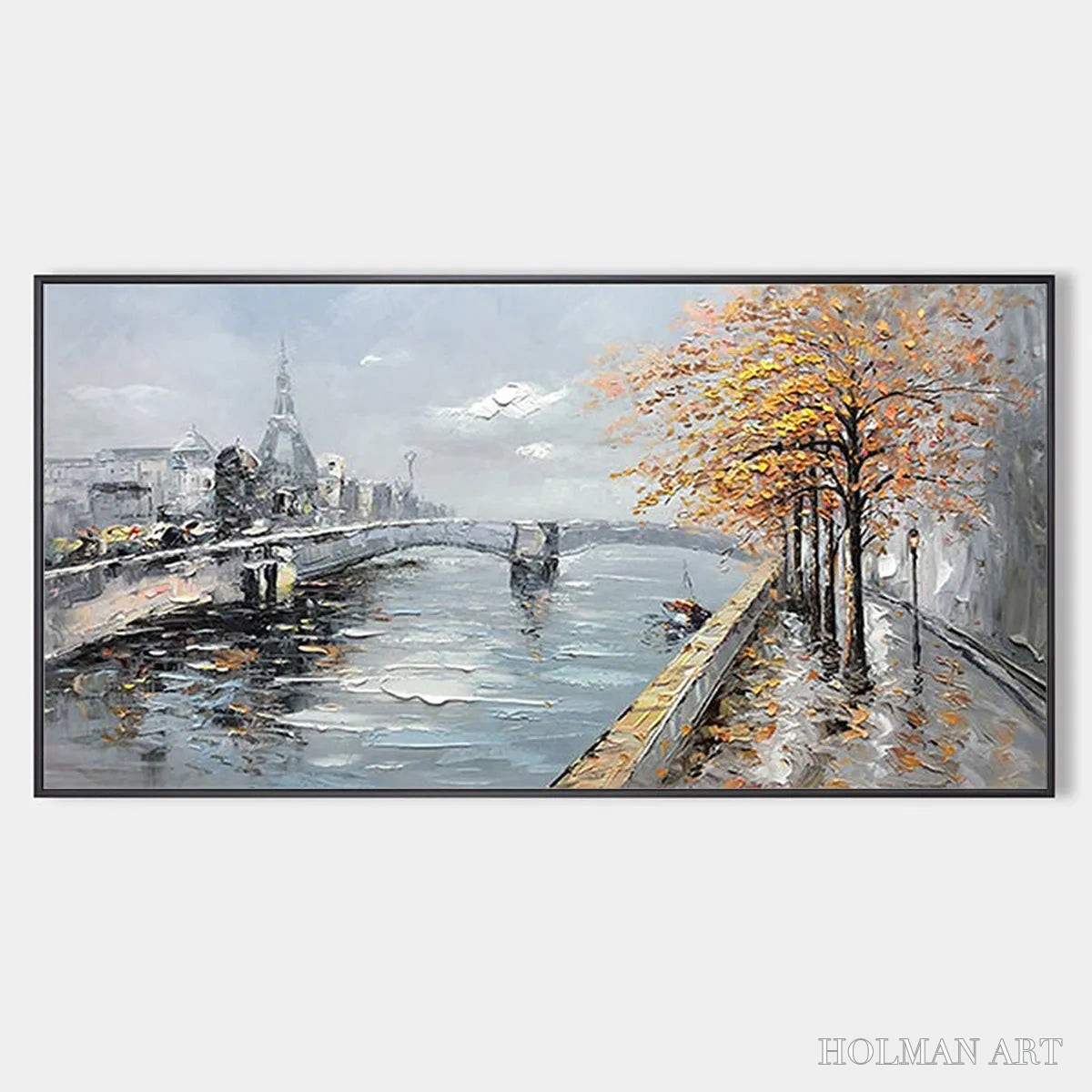 HOLMAN ART Autumnal River Walk – Panoramic Cityscape Oil Painting with River and Trees - image 1
