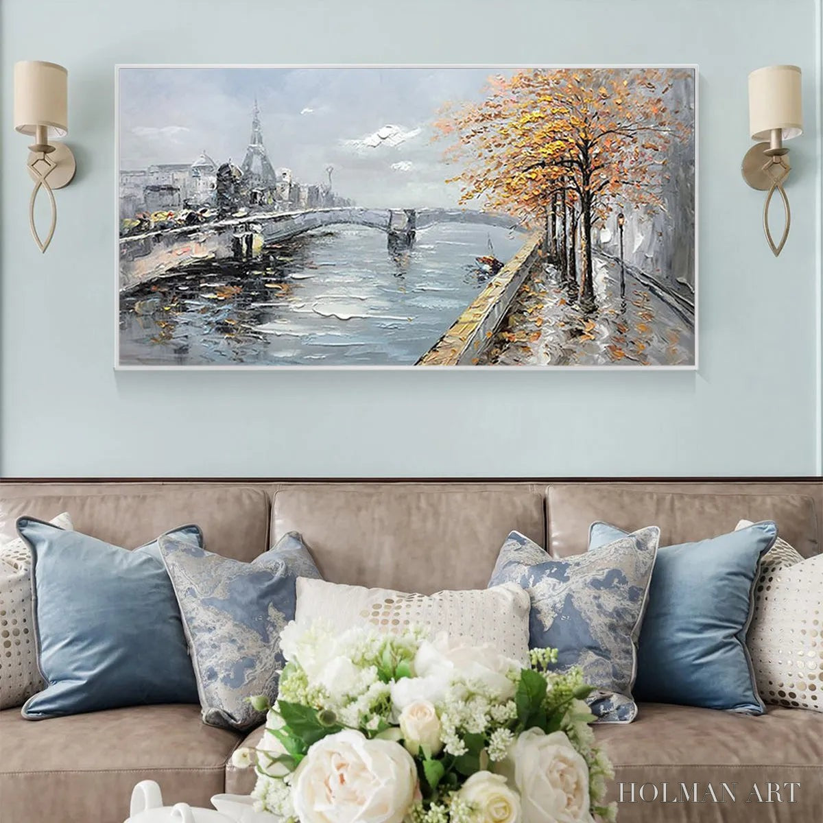 HOLMAN ART Autumnal River Walk – Panoramic Cityscape Oil Painting with River and Trees - image 4