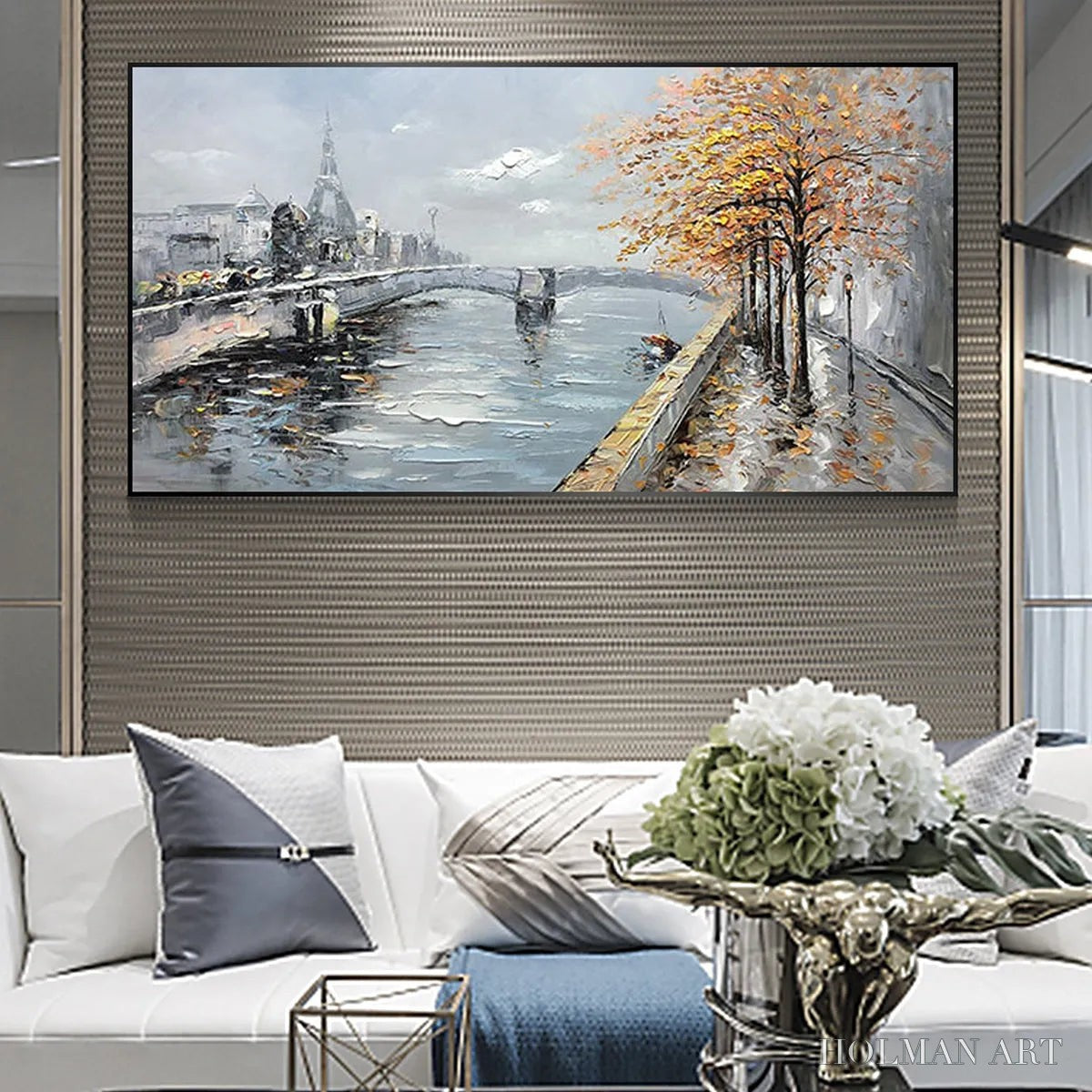 HOLMAN ART Autumnal River Walk – Panoramic Cityscape Oil Painting with River and Trees - image 5