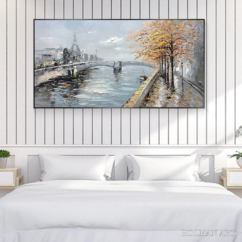 HOLMAN ART Autumnal River Walk – Panoramic Cityscape Oil Painting with River and Trees - image 6