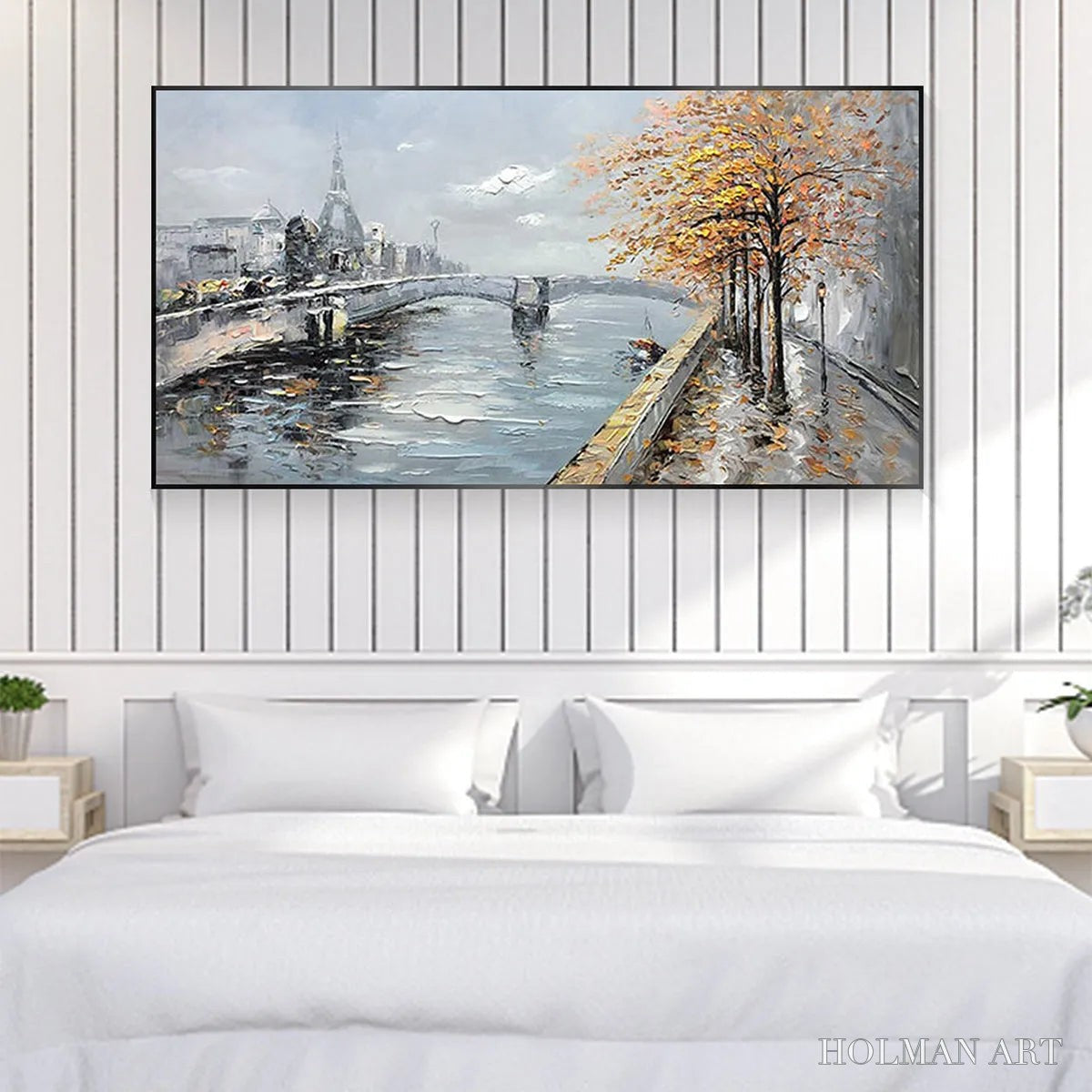 HOLMAN ART Autumnal River Walk – Panoramic Cityscape Oil Painting with River and Trees - image 6