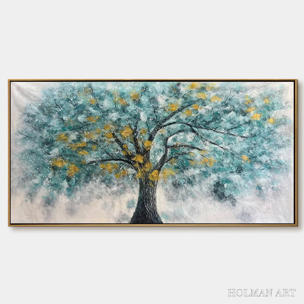 HOLMAN ART Golden Autumn – Panoramic Tree Painting, Textured , Blue, Gold, Living Room, Bedroom, Office - image 1