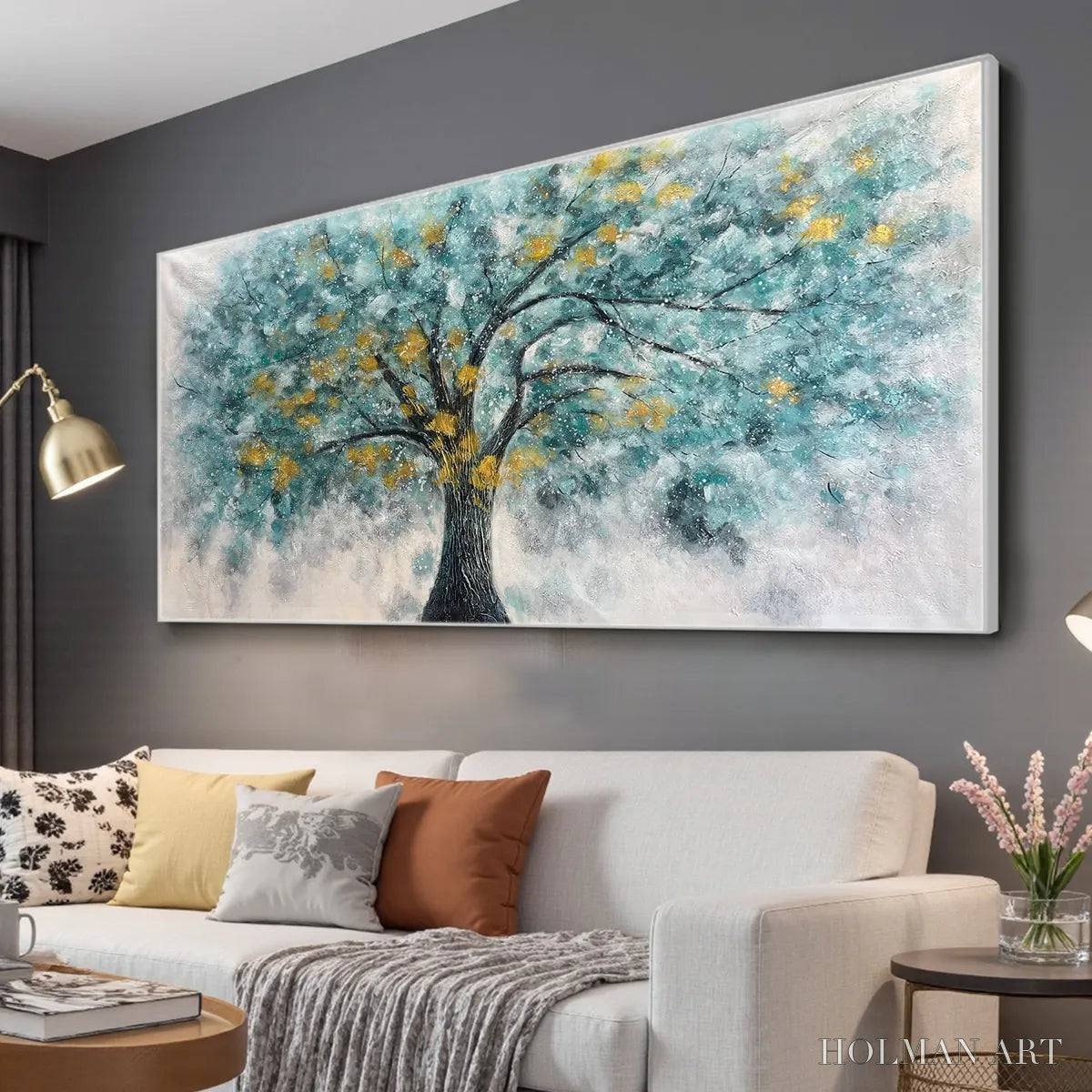 HOLMAN ART Golden Autumn – Panoramic Tree Painting, Textured , Blue, Gold, Living Room, Bedroom, Office - image 4