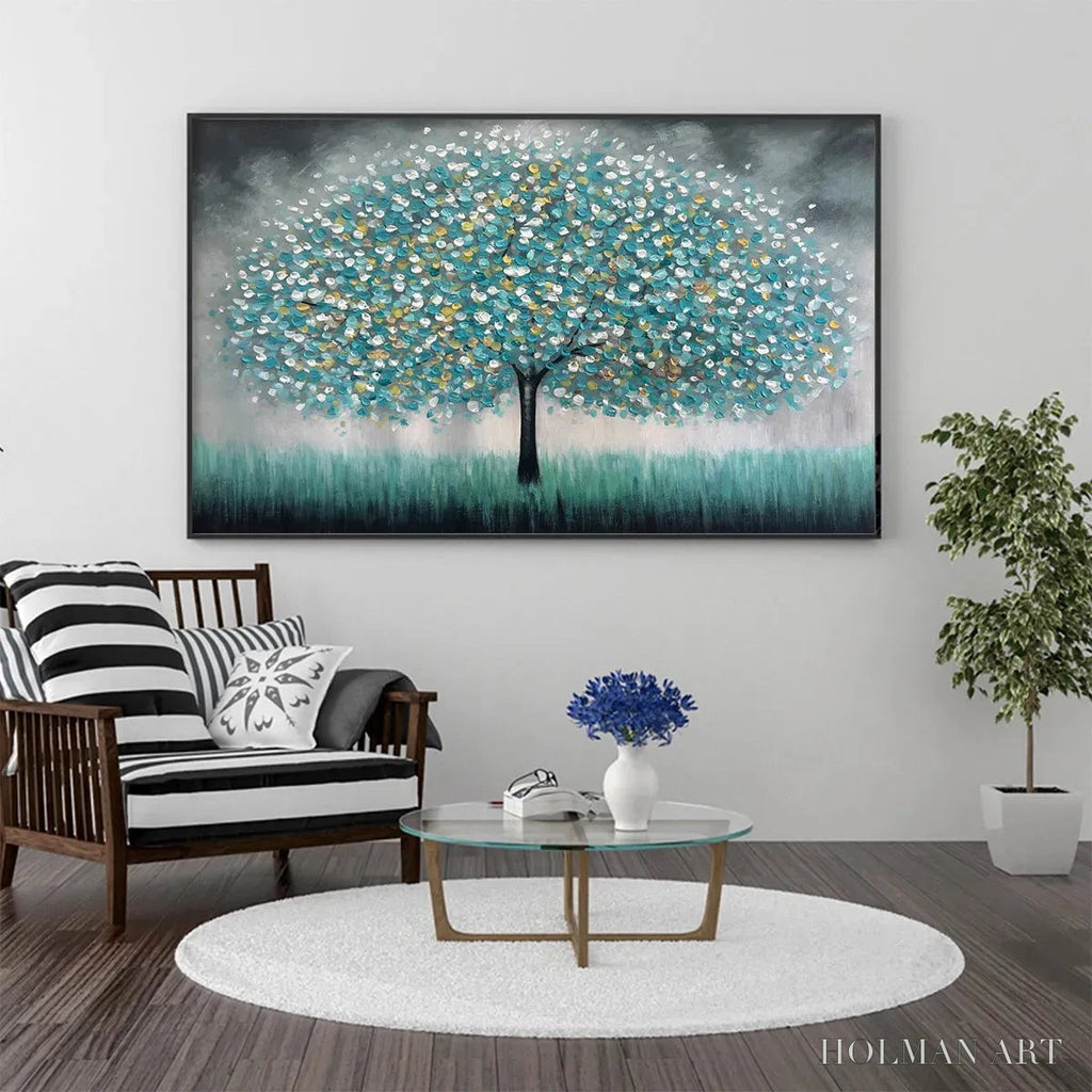 HOLMAN ART Teal Dream – Textured Tree Painting in Teal and Grey, Horizontal Canvas, Modern - image 2