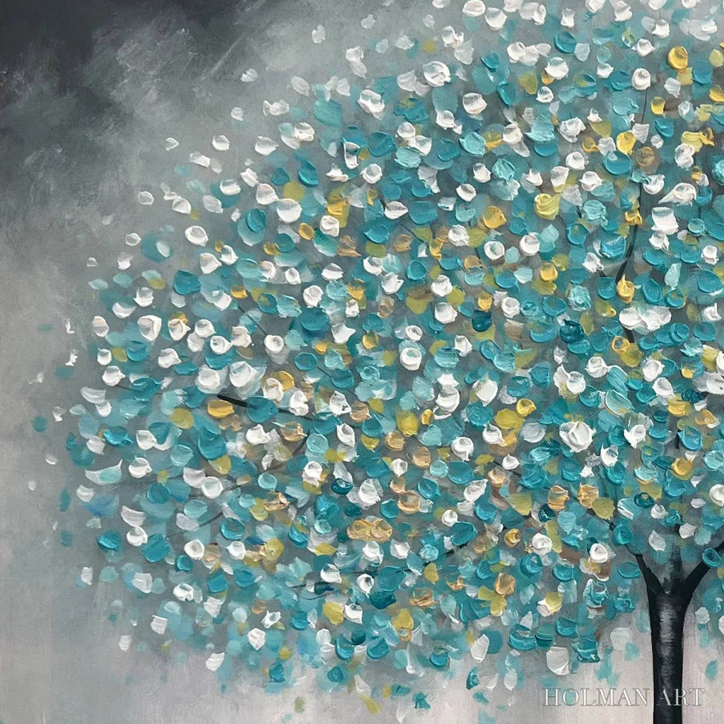HOLMAN ART Teal Dream – Textured Tree Painting in Teal and Grey, Horizontal Canvas, Modern - image 3