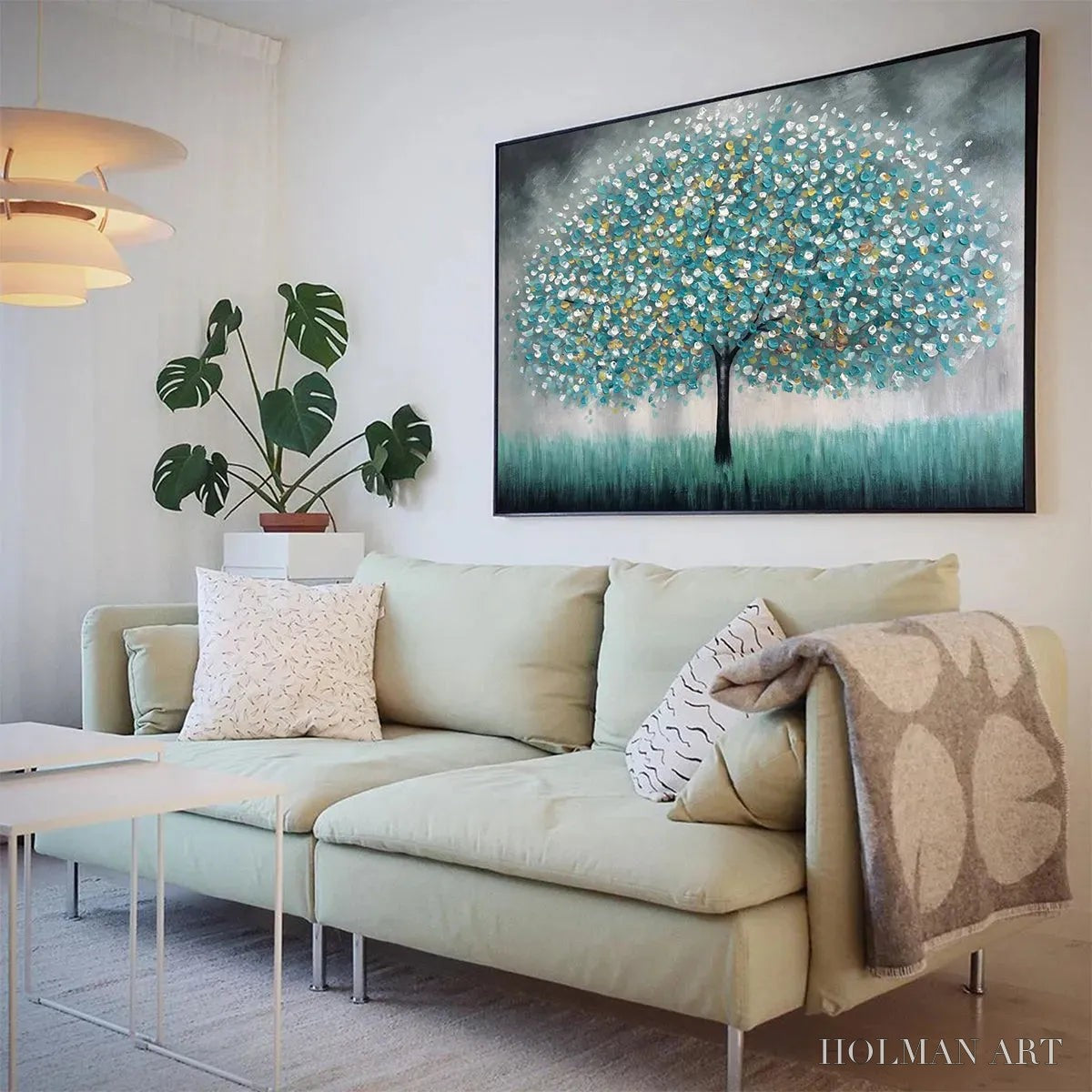HOLMAN ART Teal Dream – Textured Tree Painting in Teal and Grey, Horizontal Canvas, Modern - image 4