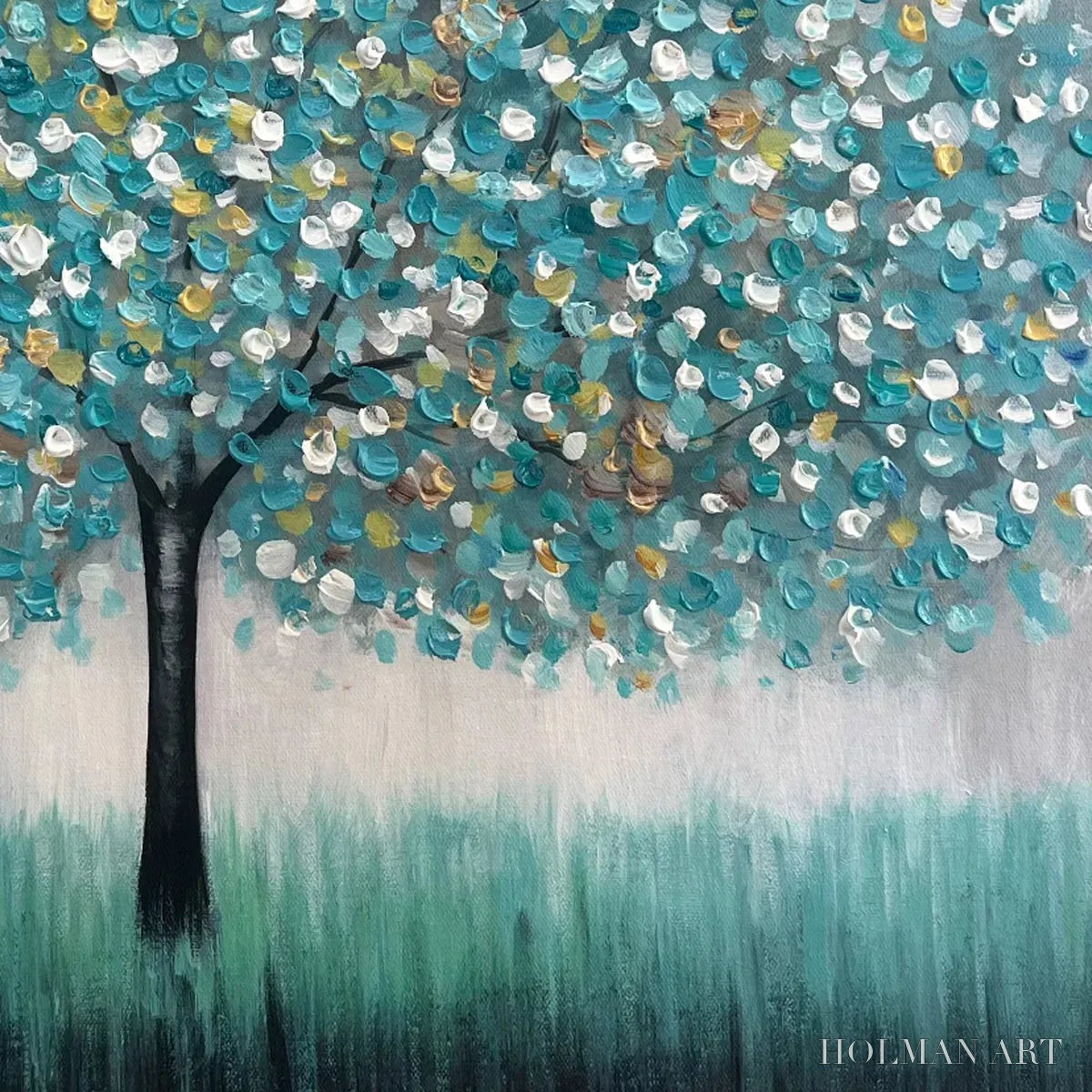 HOLMAN ART Teal Dream – Textured Tree Painting in Teal and Grey, Horizontal Canvas, Modern - image 5