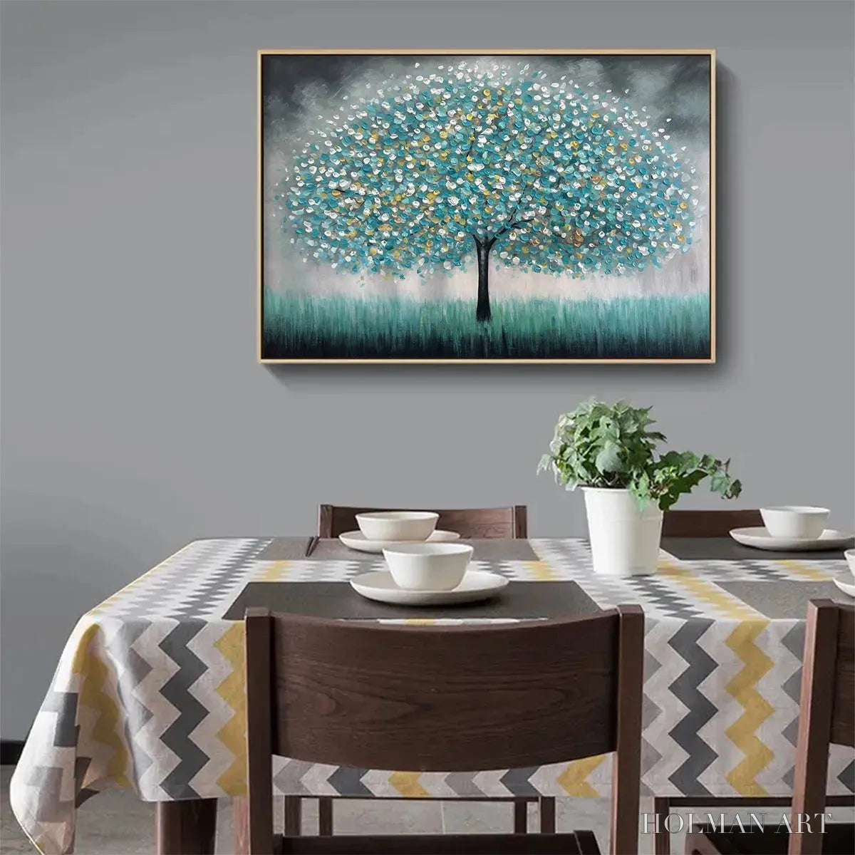 HOLMAN ART Teal Dream – Textured Tree Painting in Teal and Grey, Horizontal Canvas, Modern - image 6