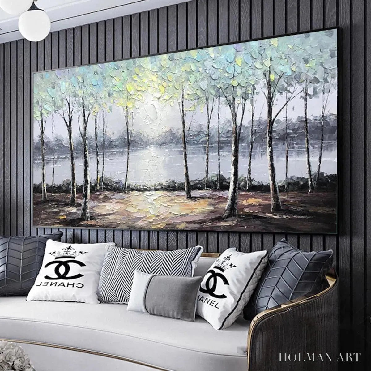 HOLMAN ART Serene Waters – Panoramic Landscape Painting, Textured Trees and Lake - image 5
