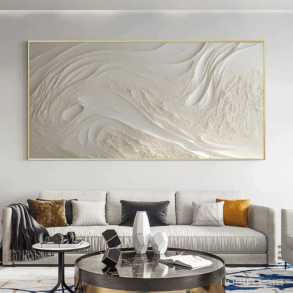 HOLMAN ART White Sands – Textured Abstract Painting in Off-White, Panoramic Canvas, Minimalist - image 4