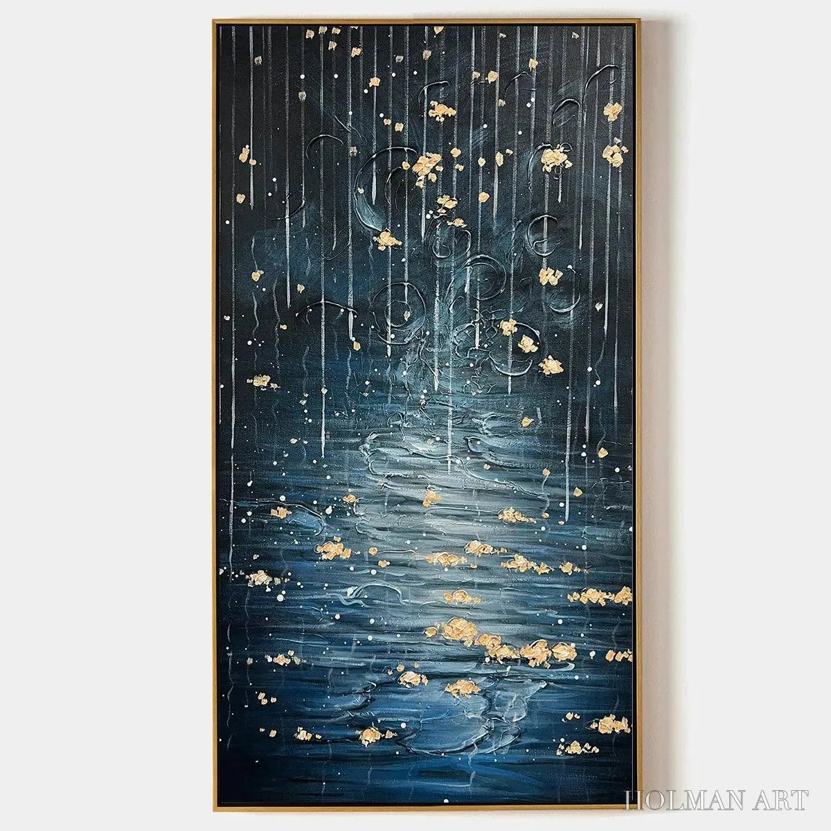HOLMAN ART Golden Falls – Abstract Waterfall Painting, Blue and Gold, Vertical Canvas, Modern - image 1