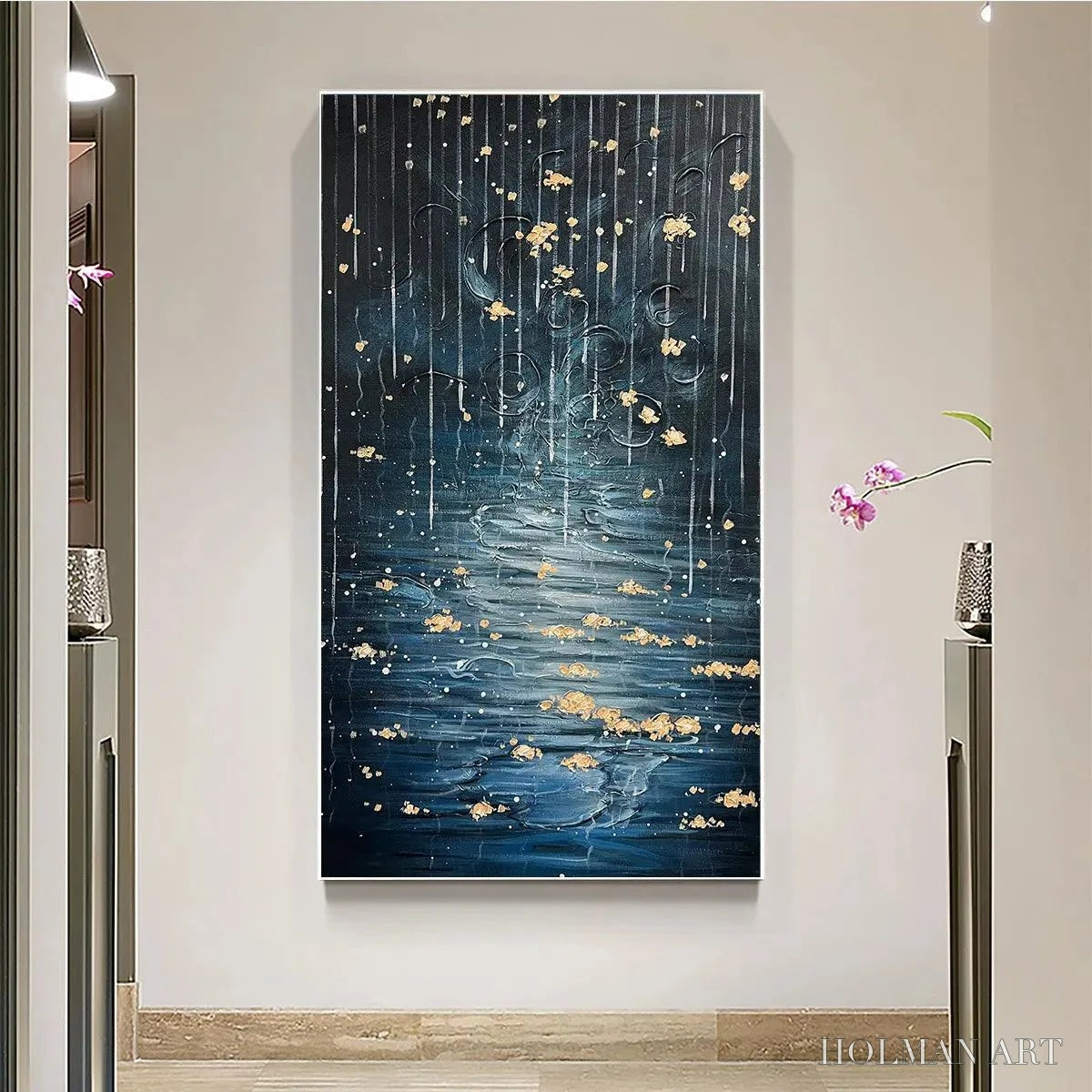 HOLMAN ART Golden Falls – Abstract Waterfall Painting, Blue and Gold, Vertical Canvas, Modern - image 2