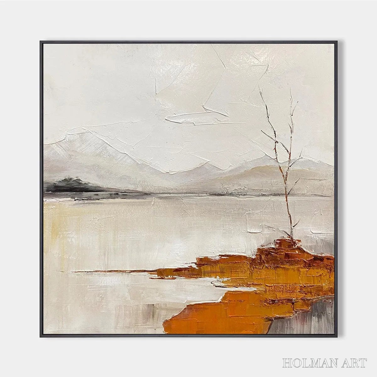 HOLMAN ART Serene Waters – Minimalist Landscape Painting in White, Grey, and Orange, Square Canvas - image 1