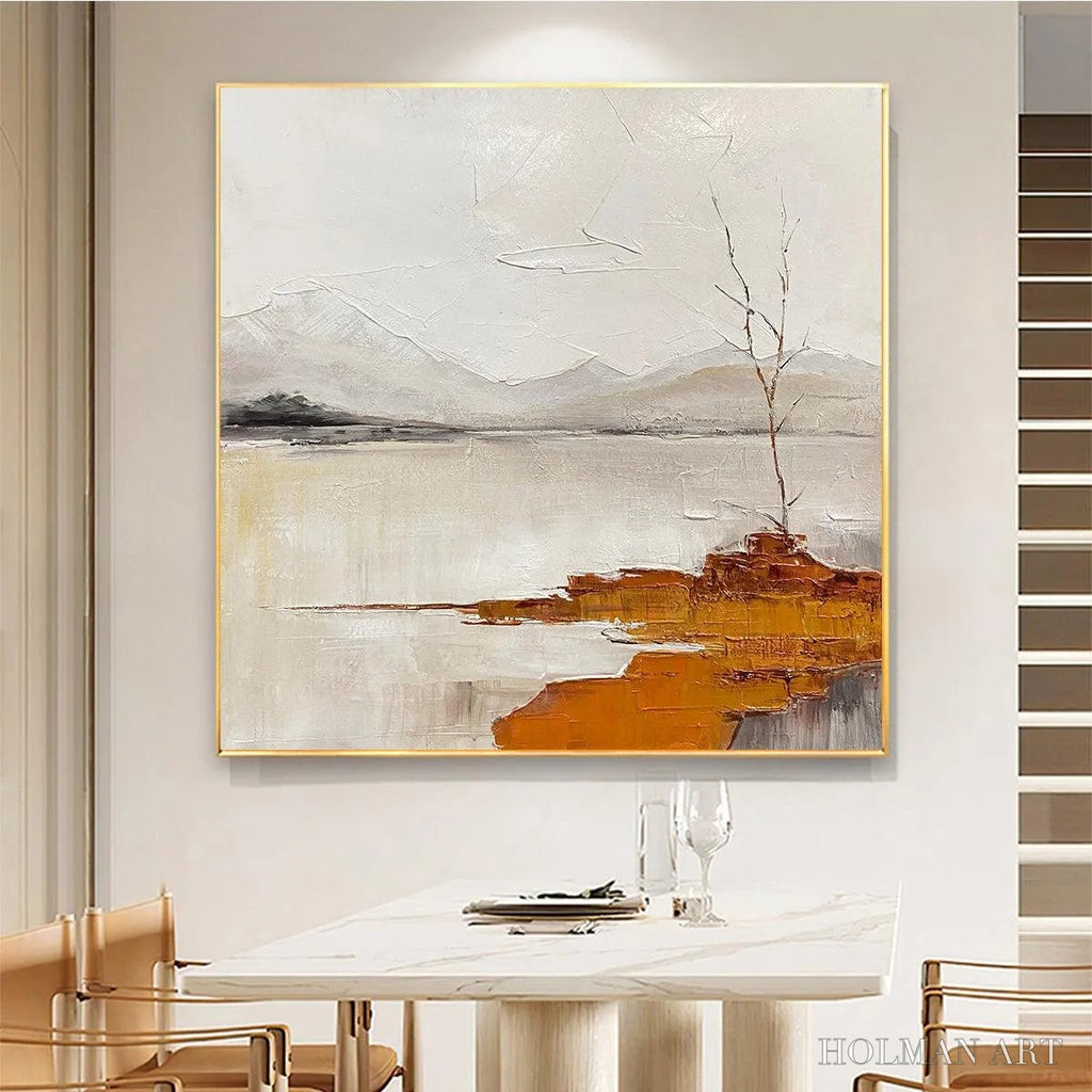 HOLMAN ART Serene Waters – Minimalist Landscape Painting in White, Grey, and Orange, Square Canvas - image 2