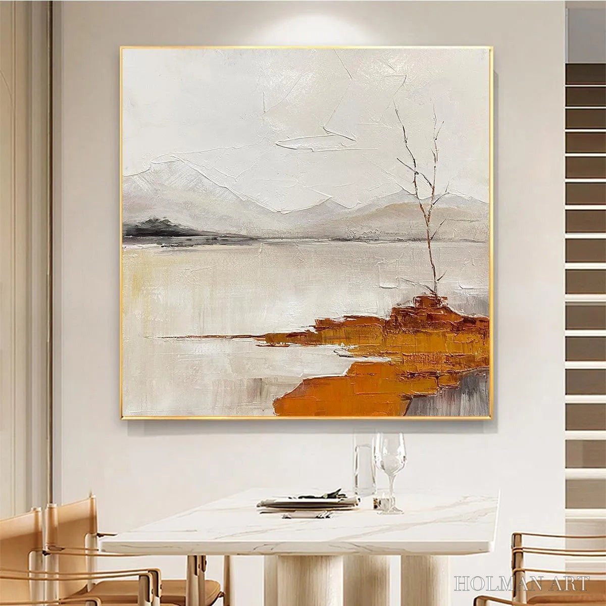 HOLMAN ART Serene Waters – Minimalist Landscape Painting in White, Grey, and Orange, Square Canvas - image 2