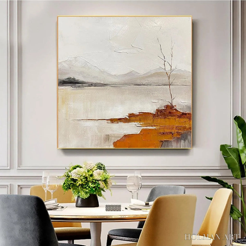 HOLMAN ART Serene Waters – Minimalist Landscape Painting in White, Grey, and Orange, Square Canvas - image 4
