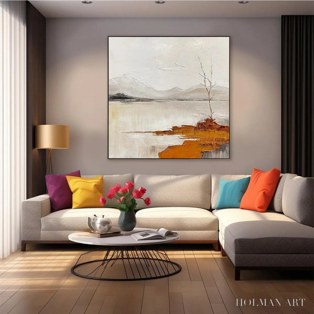 HOLMAN ART Serene Waters – Minimalist Landscape Painting in White, Grey, and Orange, Square Canvas - image 5