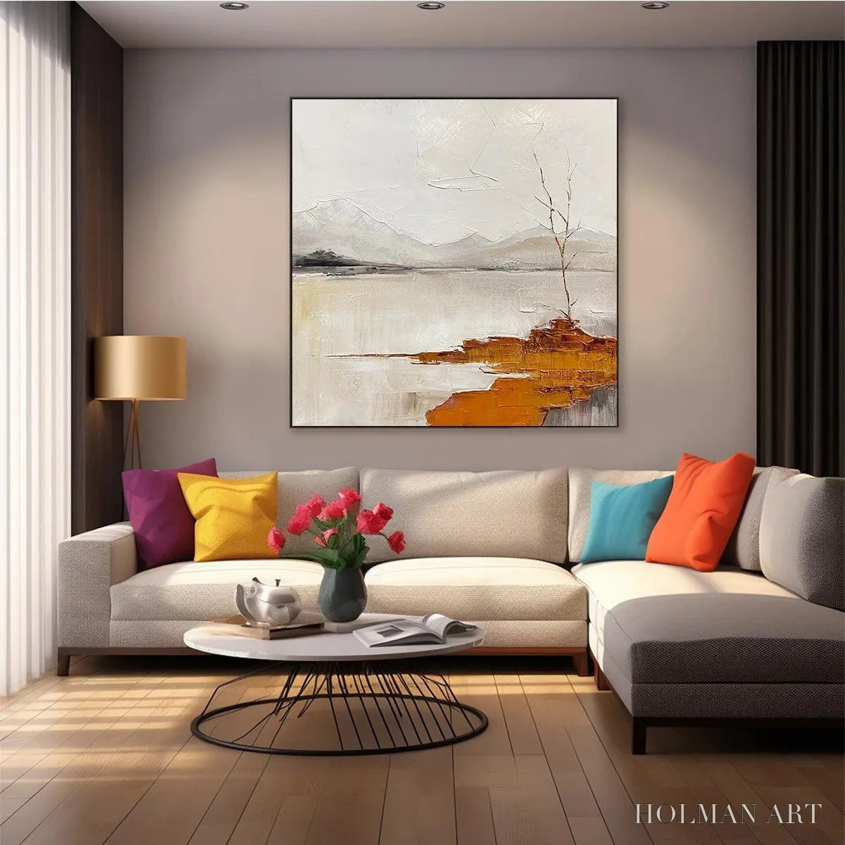 HOLMAN ART Serene Waters – Minimalist Landscape Painting in White, Grey, and Orange, Square Canvas - image 5