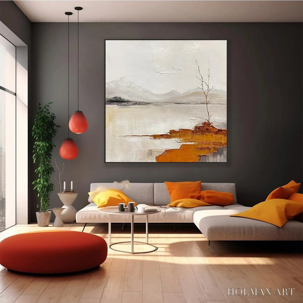 HOLMAN ART Serene Waters – Minimalist Landscape Painting in White, Grey, and Orange, Square Canvas - image 6