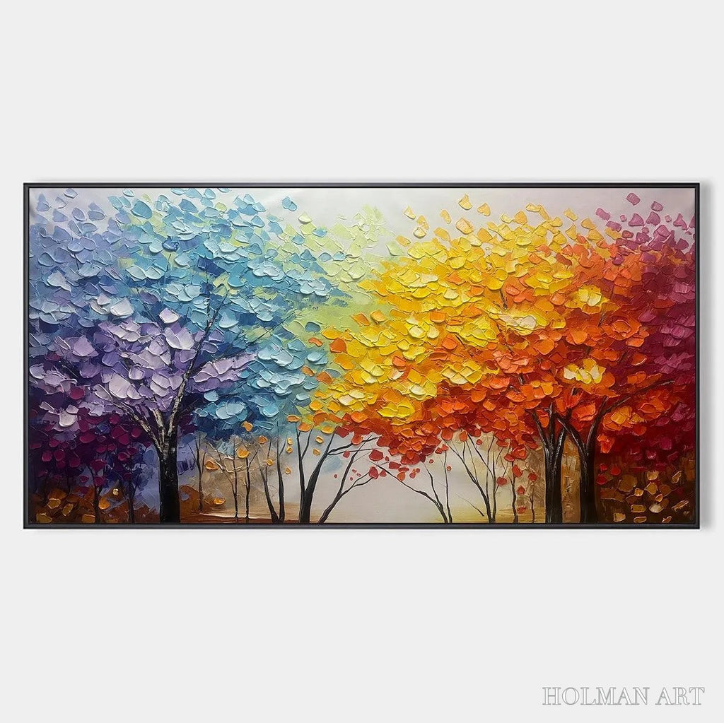 HOLMAN ART Autumn Rainbow – Panoramic Tree Painting in Vibrant Colors, Textured Canvas, Modern - image 1
