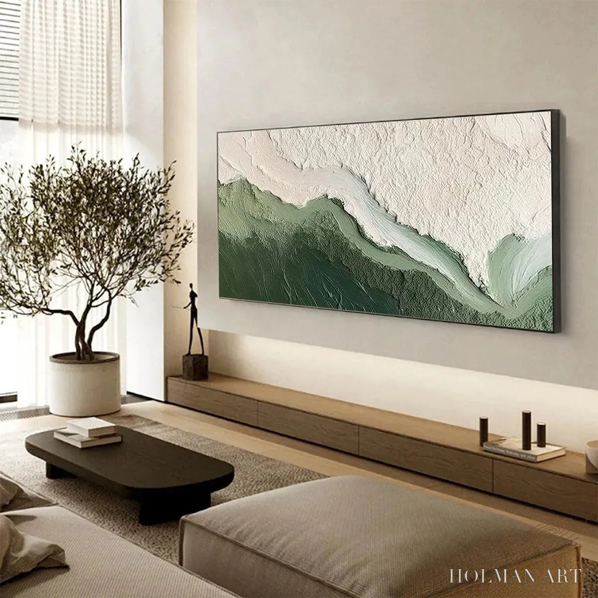 HOLMAN ART Emerald Flow – Textured Abstract Landscape Painting, Green and White , Panoramic Canvas, Nature-Inspired Decor - image 5