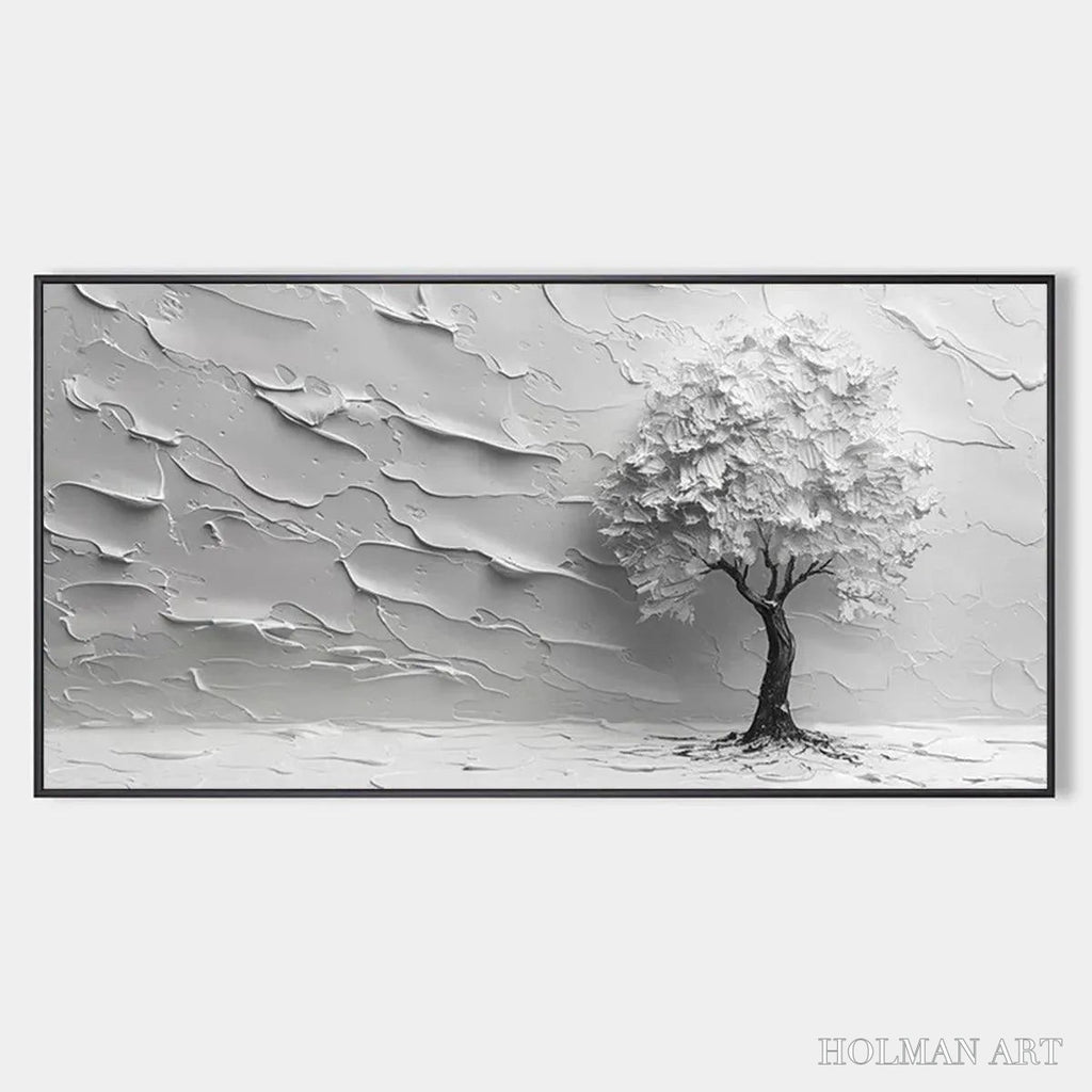 HOLMAN ART Serene Tree – Textured 3D Tree Painting, White Impasto , Panoramic Canvas, Minimalist Decor - image 1