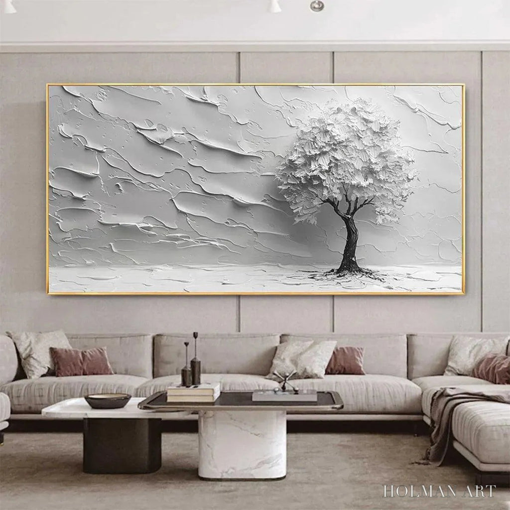 HOLMAN ART Serene Tree – Textured 3D Tree Painting, White Impasto , Panoramic Canvas, Minimalist Decor - image 3