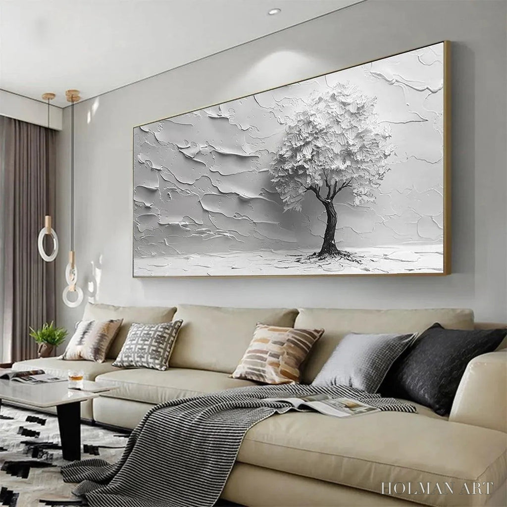 HOLMAN ART Serene Tree – Textured 3D Tree Painting, White Impasto , Panoramic Canvas, Minimalist Decor - image 4