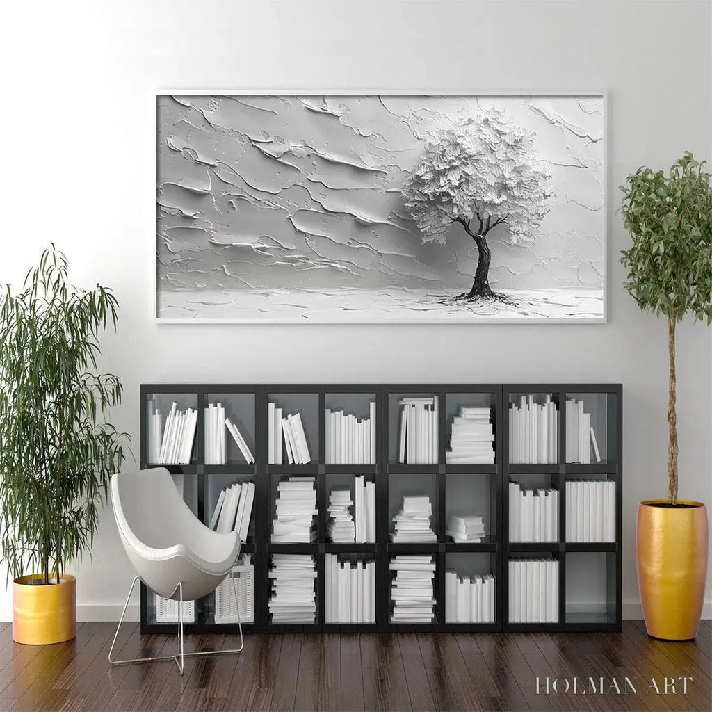 HOLMAN ART Serene Tree – Textured 3D Tree Painting, White Impasto , Panoramic Canvas, Minimalist Decor - image 5