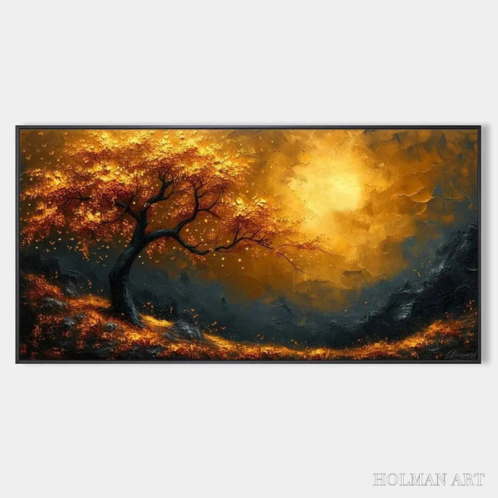 HOLMAN ART Golden Hour – Textured Tree Painting, Impasto , Panoramic Canvas, Landscape Decor - image 1