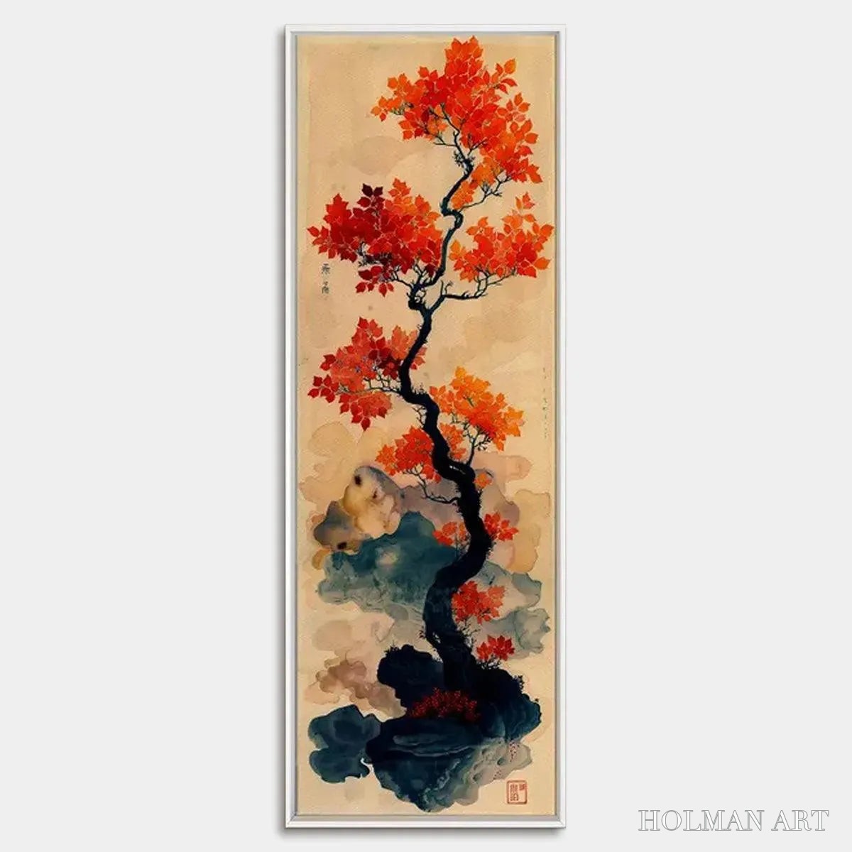 HOLMAN ART Crimson Autumn Bonsai – Tree Painting, Vertical , Asian Decor - image 1