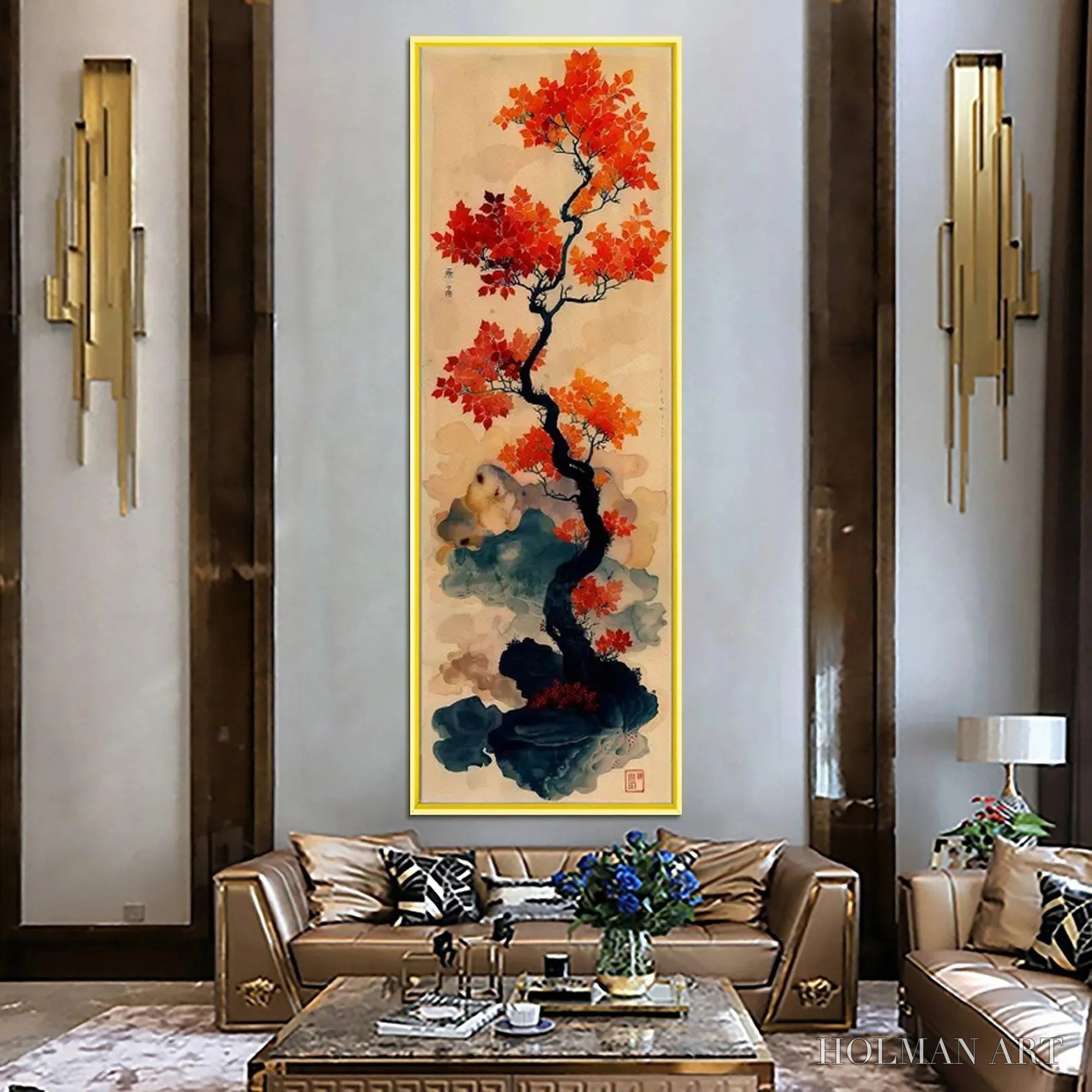 HOLMAN ART Crimson Autumn Bonsai – Tree Painting, Vertical , Asian Decor - image 2