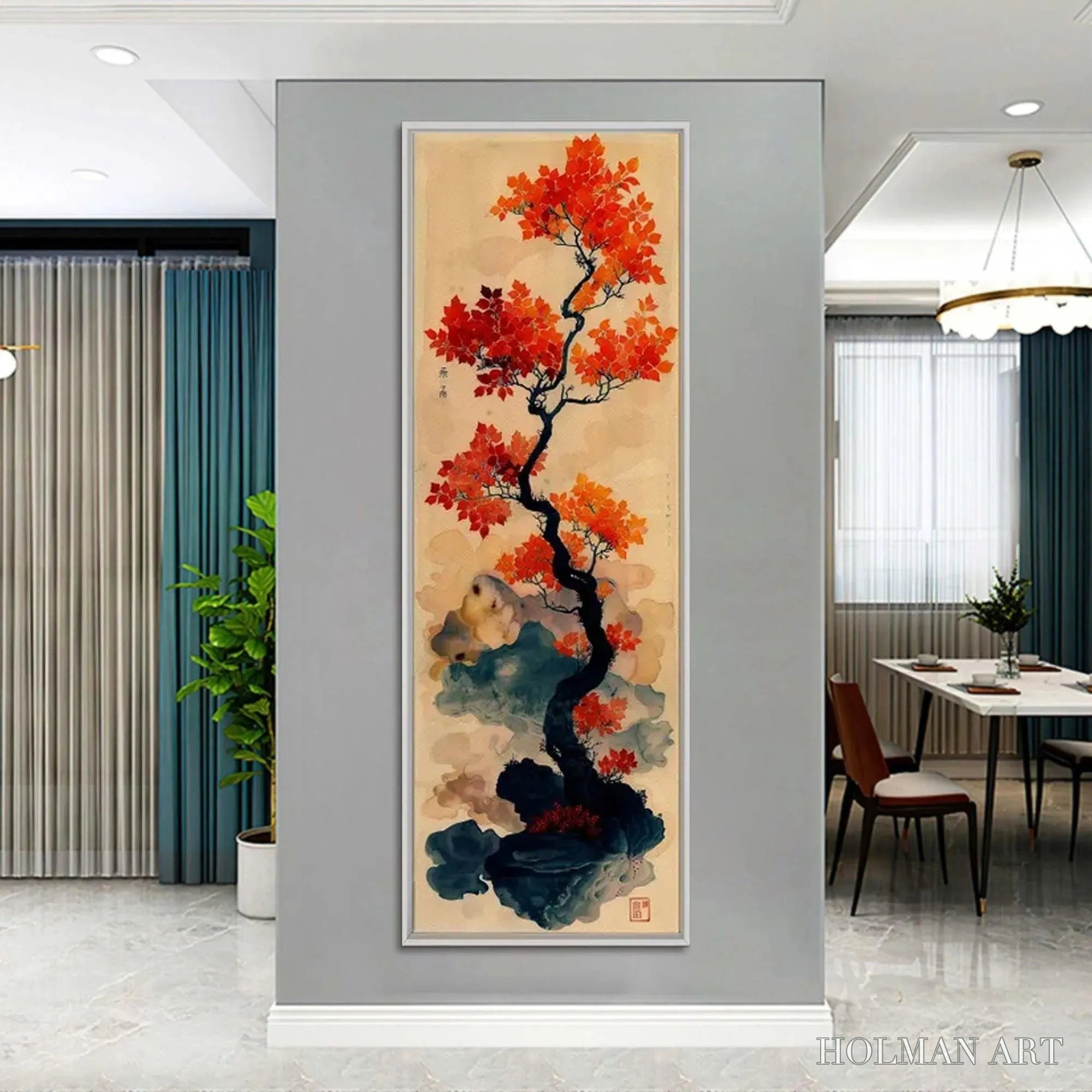 HOLMAN ART Crimson Autumn Bonsai – Tree Painting, Vertical , Asian Decor - image 4