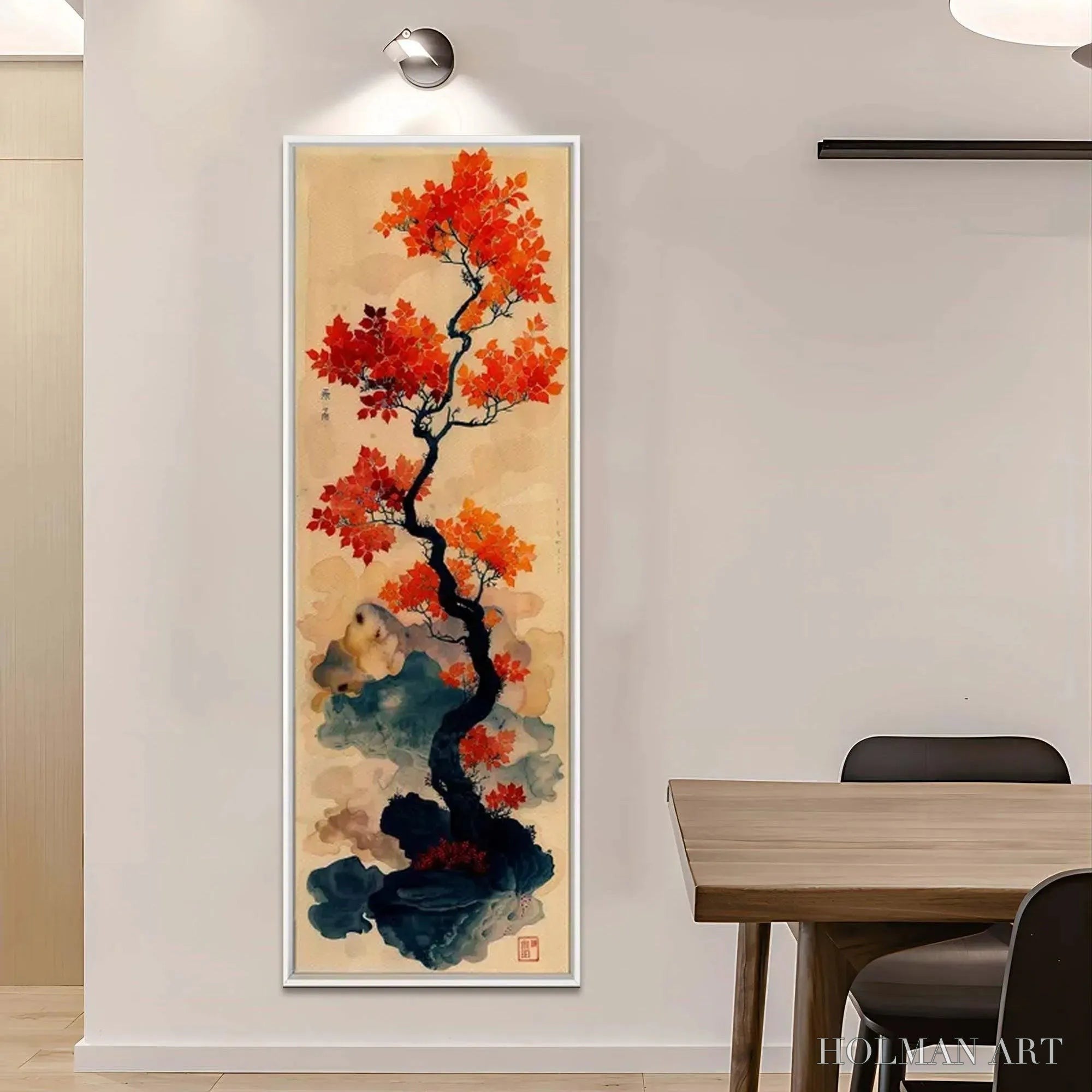 HOLMAN ART Crimson Autumn Bonsai – Tree Painting, Vertical , Asian Decor - image 5