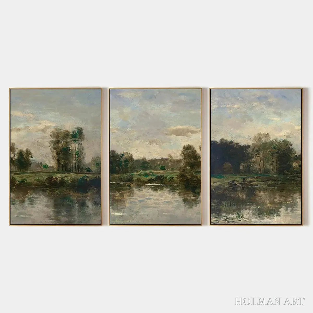 HOLMAN ART Riverside Triptych – Traditional Chinese Landscape Painting Set of 3 - image 1