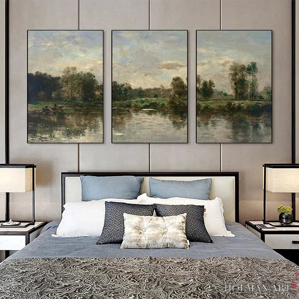 HOLMAN ART Riverside Triptych – Traditional Chinese Landscape Painting Set of 3 - image 3