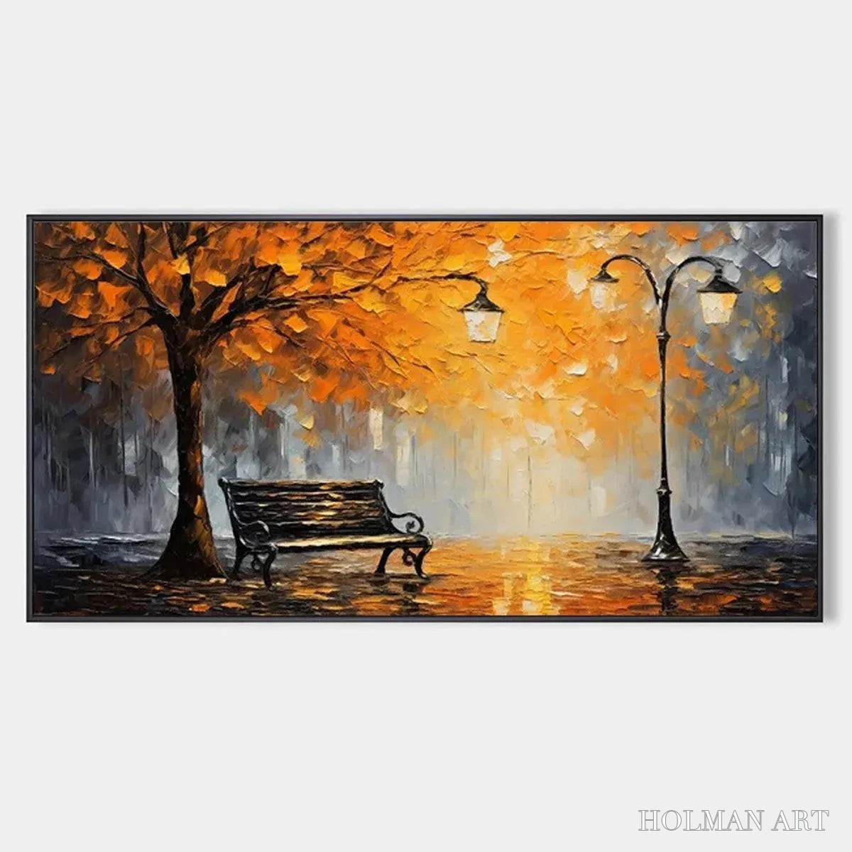HOLMAN ART Autumn Park Bench – Impressionistic Park Painting in Orange and Grey - image 1
