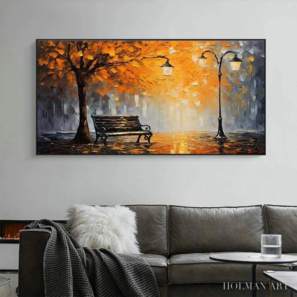 HOLMAN ART Autumn Park Bench – Impressionistic Park Painting in Orange and Grey - image 2